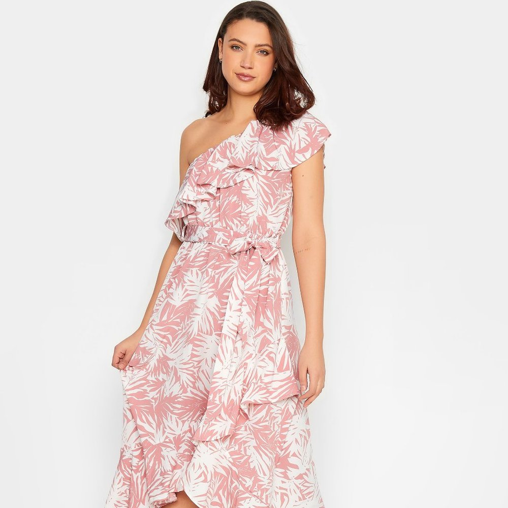 LTS Tall Pink Leaf Print One Shoulder Frill Dress